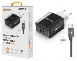 Chytrá síťová nabíječka ALIGATOR USB-C 2xUSB výstup, 3.4A, smart IC, černá