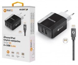 Chytrá síťová nabíječka ALIGATOR 3.4A, 2xUSB, smart IC, černá, kabel pro iPhone/iPad 2A