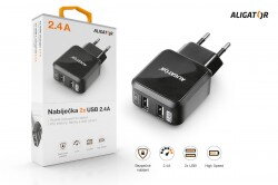 Nabíječka ALIGATOR s 2xUSB výstupem 2.4A, Turbo charge, černá