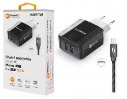 Chytrá síťová nabíječka ALIGATOR 3.4A, 2xUSB, smart IC, černá, micro USB kabel 2A