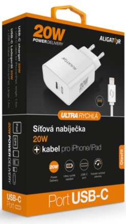 Rychlá nabíječka USB-C ALIGATOR PD 20W s kabelem USB-C/Lightning(iPhone)