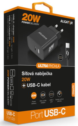 Rychlá nabíječka ALIGATOR PD 20W USB-C, USB-C/USB-C, černá