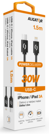 Datový kabel ALIGATOR POWER 30W, USB-C/Lightning 3A 1,5m, černý