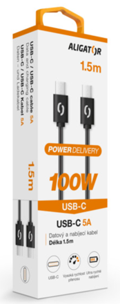 Datový kabel ALIGATOR POWER 100W, USB-C/USB-C 5A, 1,5m černý