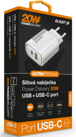Rychlá nabíječka Aligator PD 20W USB-C + USB, bílá
