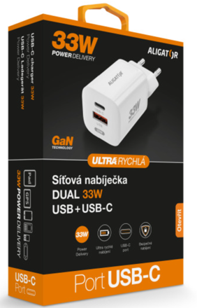Rychlá nabíječka ALIGATOR GaN, PD 33W USB + USB-C, bílá